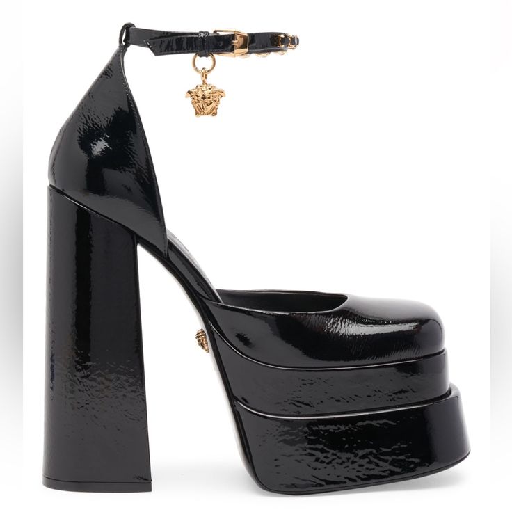 Versace's Aevitas Pumps Are A Statement Runway Design Anchored By A Double Platform And Striking Block Heel. Made In Italy Of Rich Patent Leather, This Bold Pair Is Finished With A Medusa Head Charm At The Dainty Ankle Strap. Lamb Leather Upper Square Toe Ankle Buckle Strap Leather Sole Made In Italy Size Leather-Covered Block Heel, 6" (155mm) No Box Luxury Closed Toe Platform Heels, Luxury Heels With Heel Strap And Round Toe, Luxury Platform Heels With Closed Toe, Luxury Calf Leather Heels For Evening, Luxury Leather Heels, Luxury Round Toe Heels For Gala, Luxury Calf Leather Heels, Formal Calf Leather Platform Heels, Luxury Platform Heels For Galas