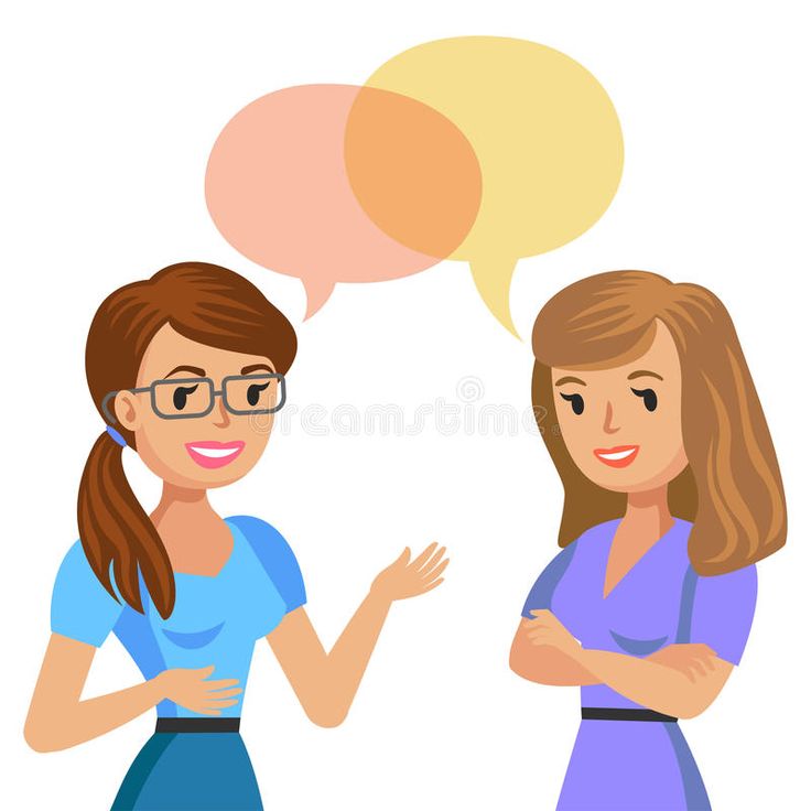 two women talking to each other with speech bubbles above their heads stock photo - image