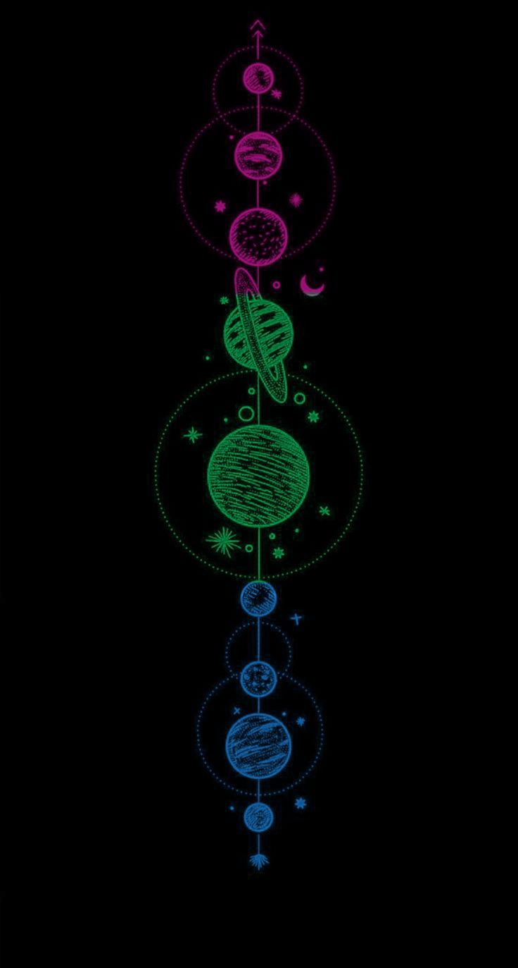 an image of the planets and their satellites in neon colors on a black background with stars