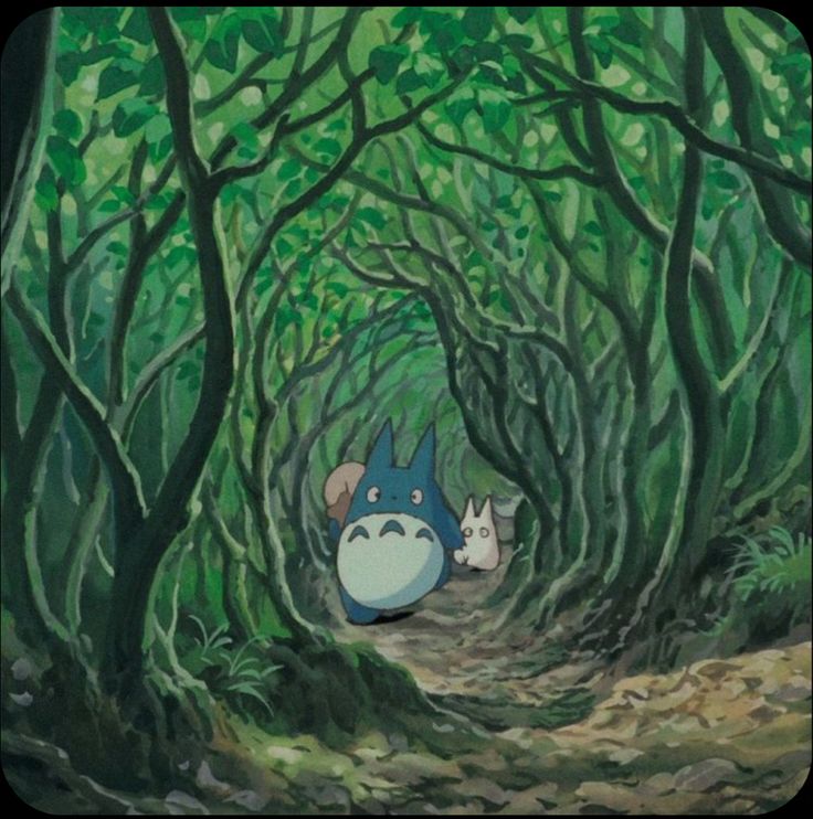 a painting of two cartoon characters in the middle of a forest with green trees and leaves