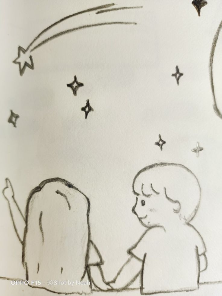 a drawing of two children sitting at a table with stars in the sky above them