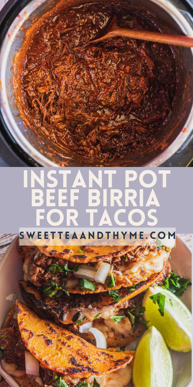 instant pot beef bira for tacos in a bowl with lime wedges