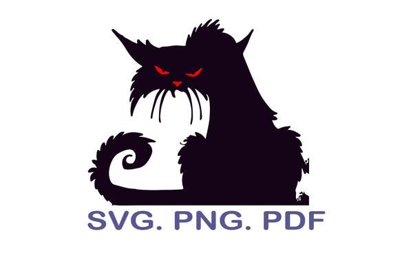 a black cat with red eyes sitting on top of the word svg png