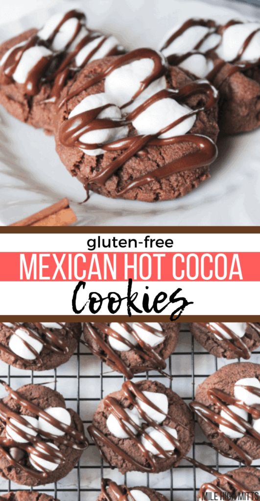 mexican hot cocoa cookies with white chocolate drizzled on top and the words, gluten - free mexican hot cocoa