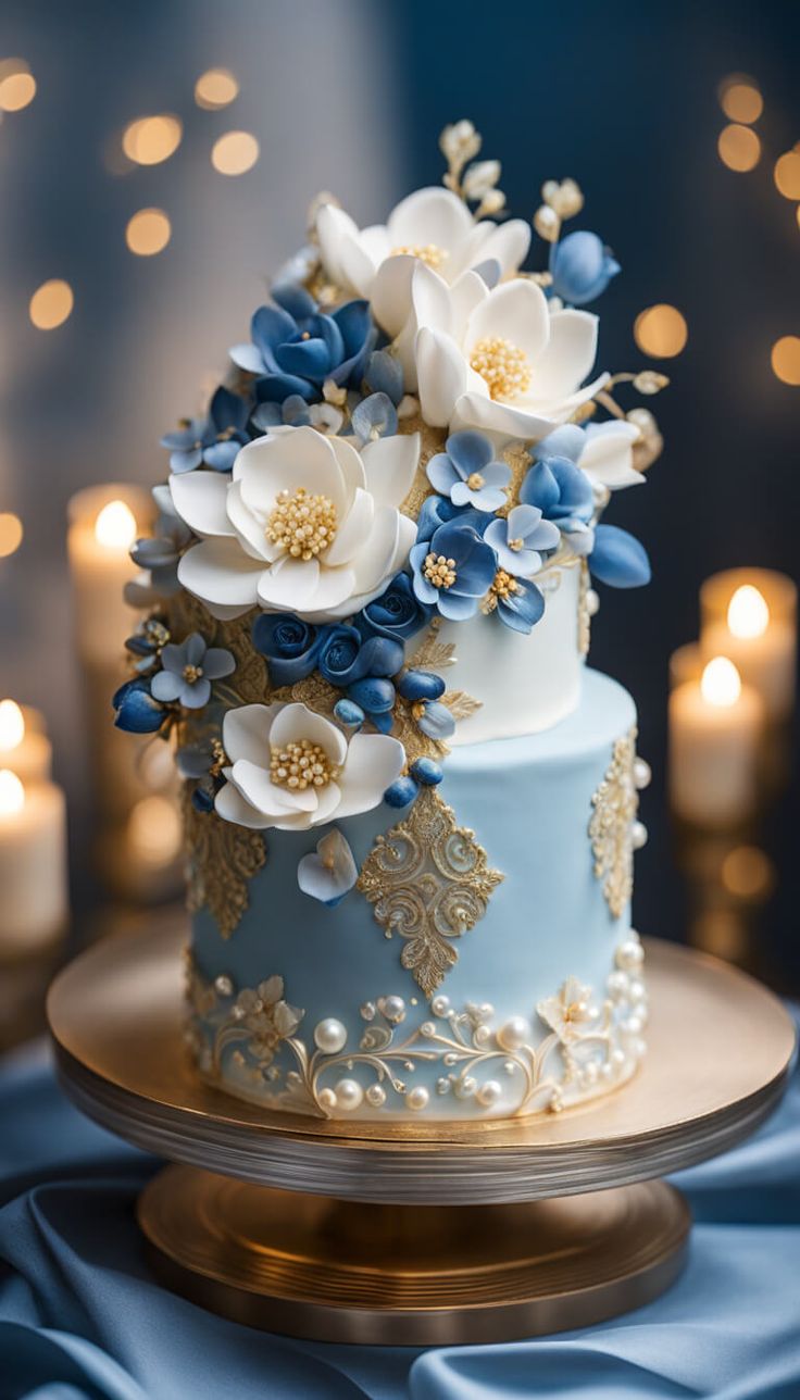 a blue and gold wedding cake with flowers on top