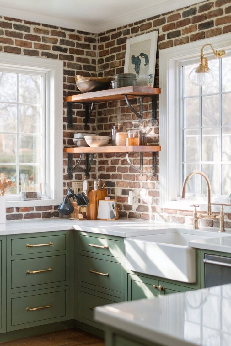 a kitchen with green cabinets and white counter tops in front of two windows that have open shelving above them