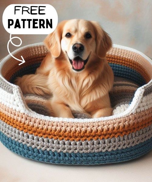 a dog sitting in a crocheted bed with the words free pattern above it