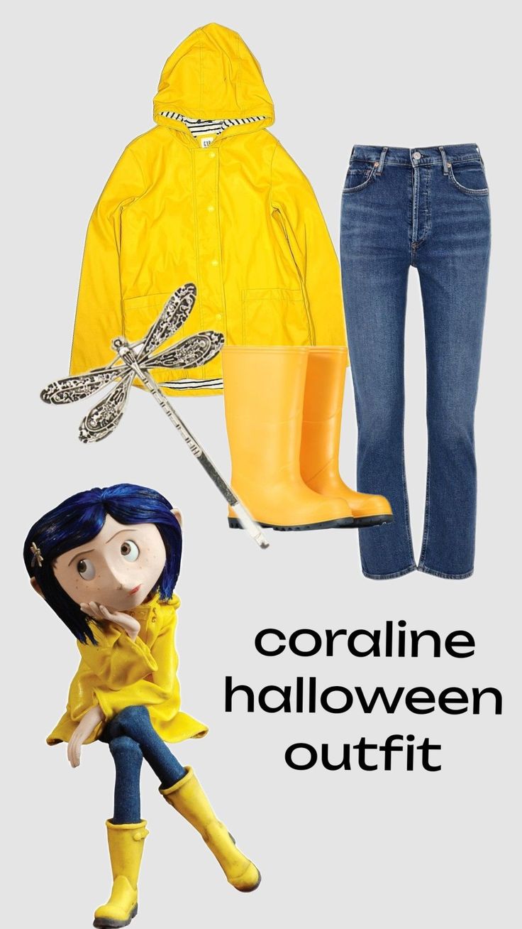 a woman in yellow jacket, jeans and boots with text that reads cordine halloween outfit