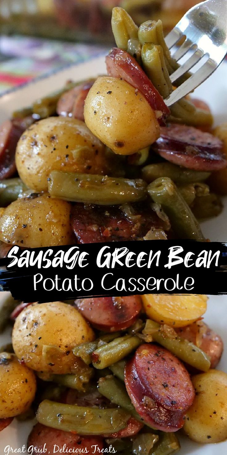 sausage green bean potato casserole on a plate with a fork