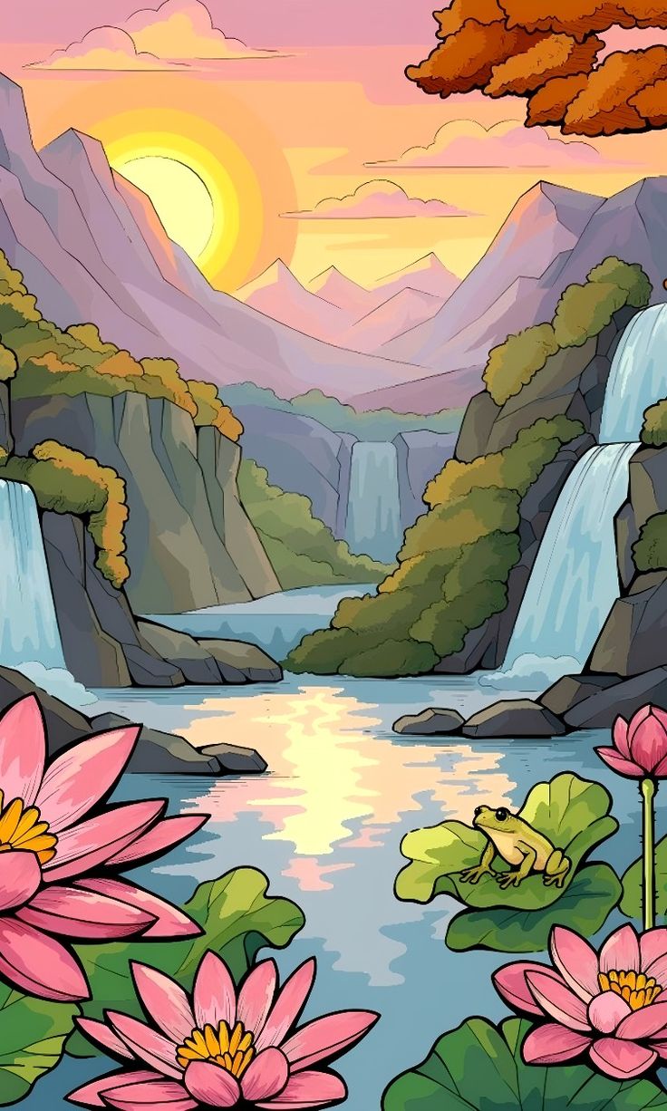 a painting of water lilies in front of a waterfall with mountains and trees behind it