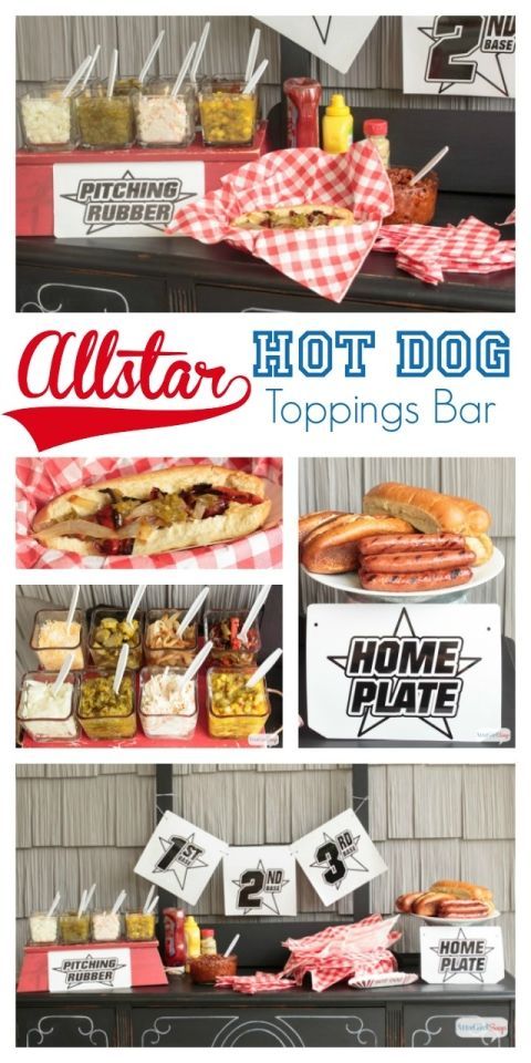 hot dog toppings bar with the title above it