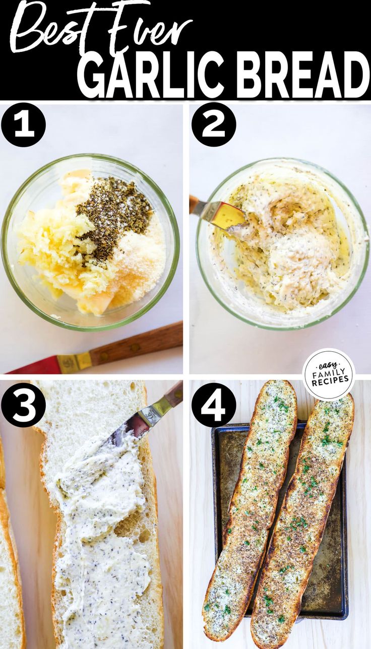 the steps to making garlic bread are shown in four different pictures, including an egg and cheese sandwich