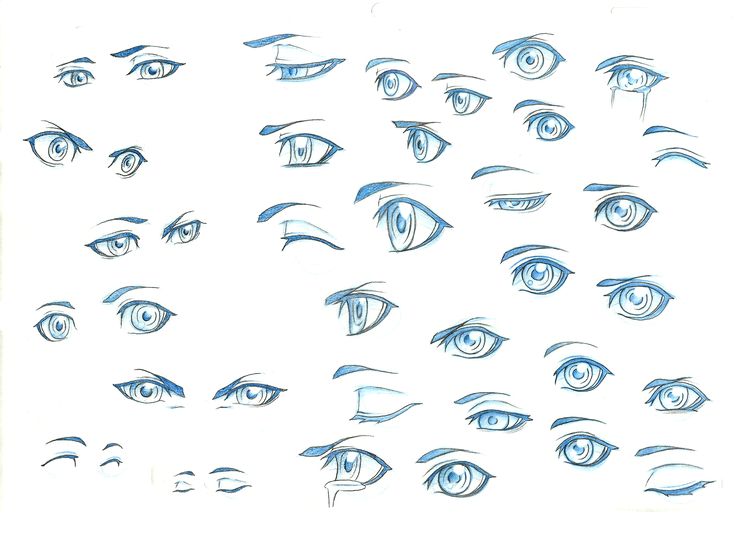 a bunch of different types of eyes drawn in blue marker on white paper with black ink