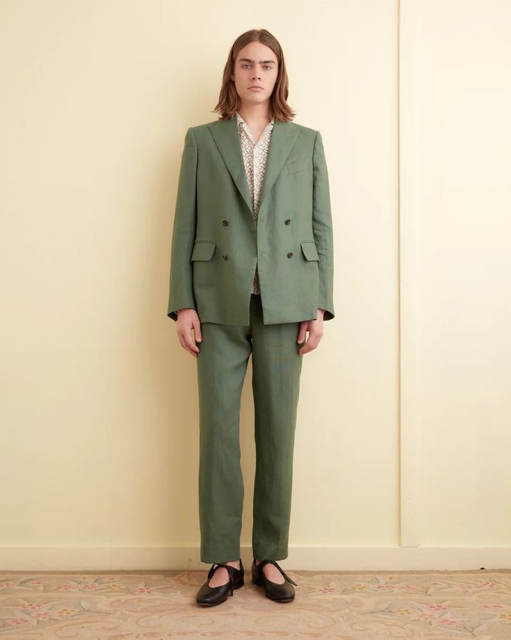 Linen Double-Breasted Suit Jacket - Green – BODE Classic Linen Pantsuit For Formal Occasions, Green Linen Suits With Notch Lapel, Classic Single-breasted Three-piece Suit For Spring, Classic Single Breasted Three-piece Suit For Spring, Tailored Linen Classic Pantsuit, Classic Spring Linen Pantsuit, Classic Linen Pantsuit For Spring, Classic Three-piece Suit With Suit Collar For Spring, Tailored Linen Pantsuit For Formal Occasions