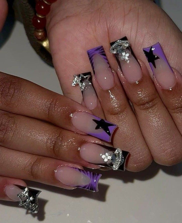 Purple Prom Nails Short, Short Nail Sets, Black And Purple Nails, Junk Nails, Purple Acrylic Nails, Hard Nails, Purple Nail Designs, Nails Design With Rhinestones, Colored Acrylic Nails