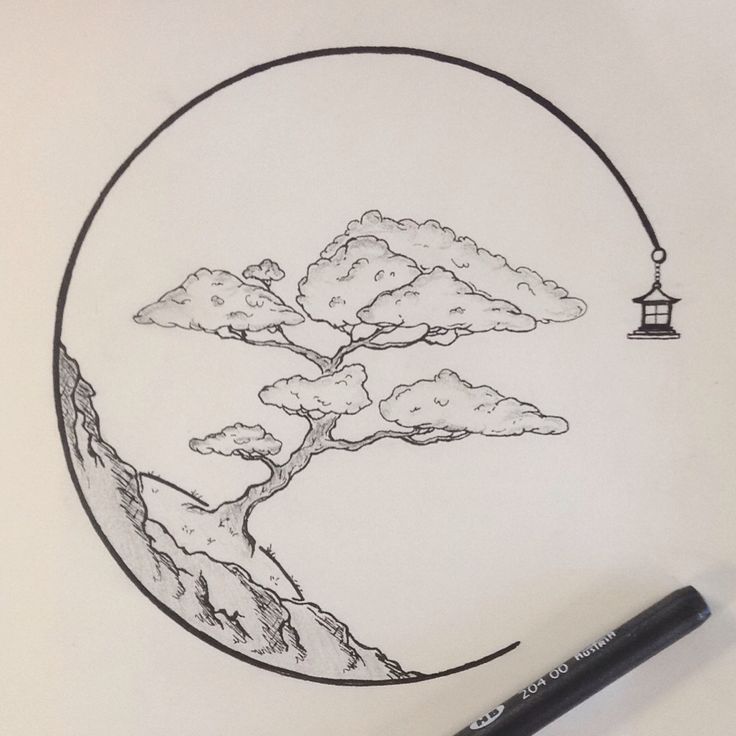 a drawing of a tree in the middle of a mountain with a lantern on top