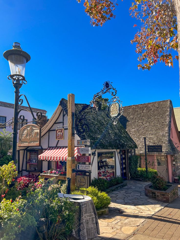 an old fashioned street light in front of a building with flowers on the sidewalk and other buildings around it