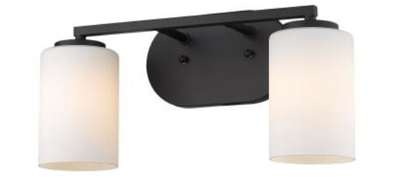 two light bathroom fixture with black finish and frosted glass shades on the bottom half