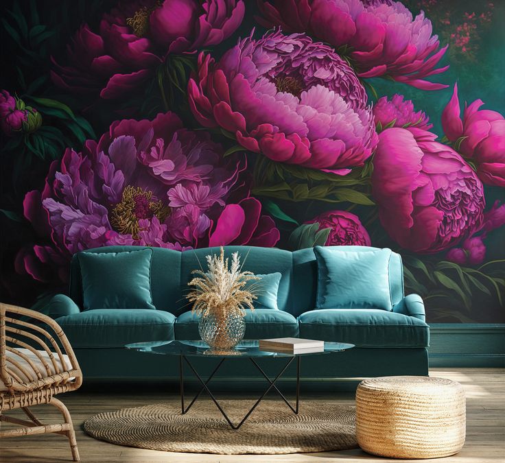 a living room scene with focus on the couch and flowers painted on the wall behind it