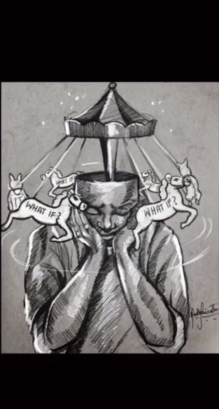 a drawing of a man with cats on his head and an umbrella over his head