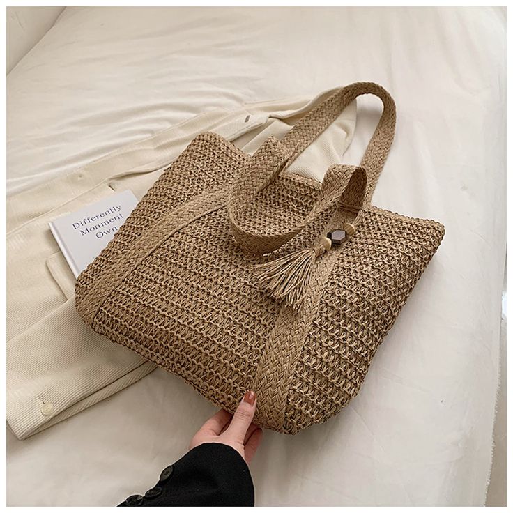 Elena Handbags Large Straw Woven Tote Bag Linen Handbags, Fringe Tote Bag, Bag With Tassel, Retro Shoulder Bag, Tassel Decor, Straw Beach Bag, Tassels Decor, Woven Tote Bag, Straw Bags