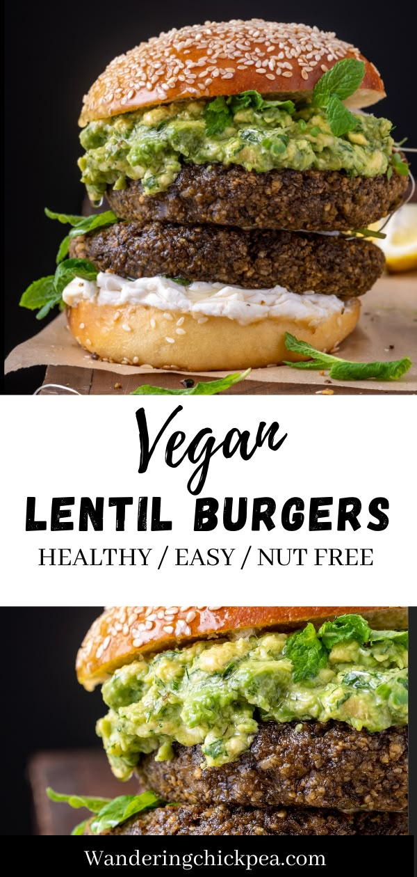 vegan lentil burgers with guacamole, lettuce and cheese