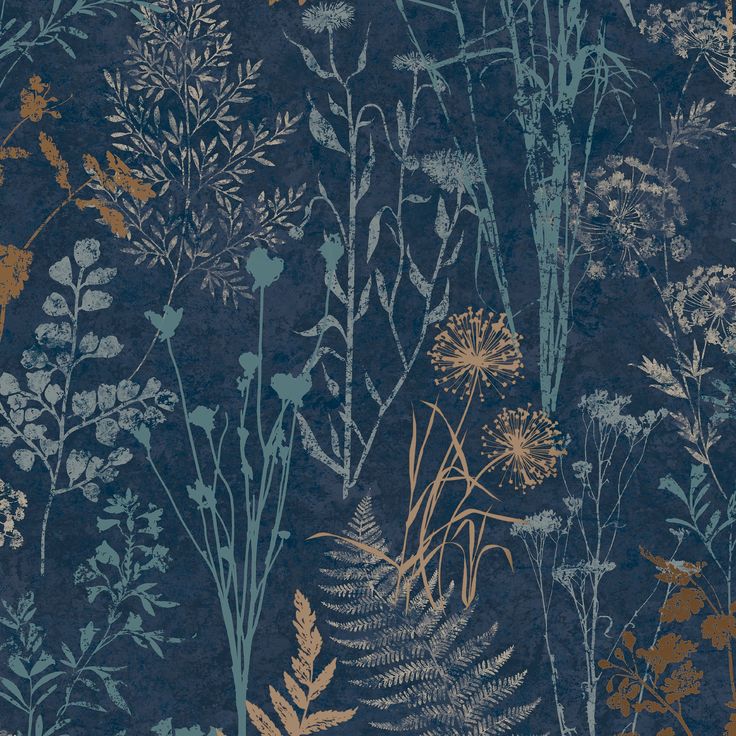 a blue and gold wallpaper with various plants on it's sides, including dandelions