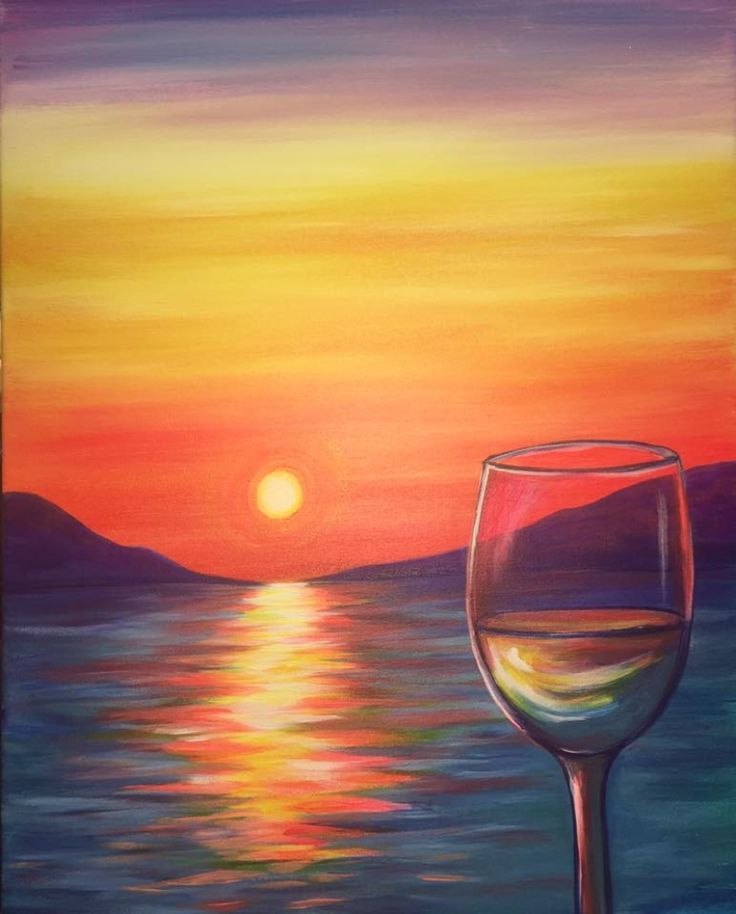 a painting of a glass of wine on a table with the sun setting in the background