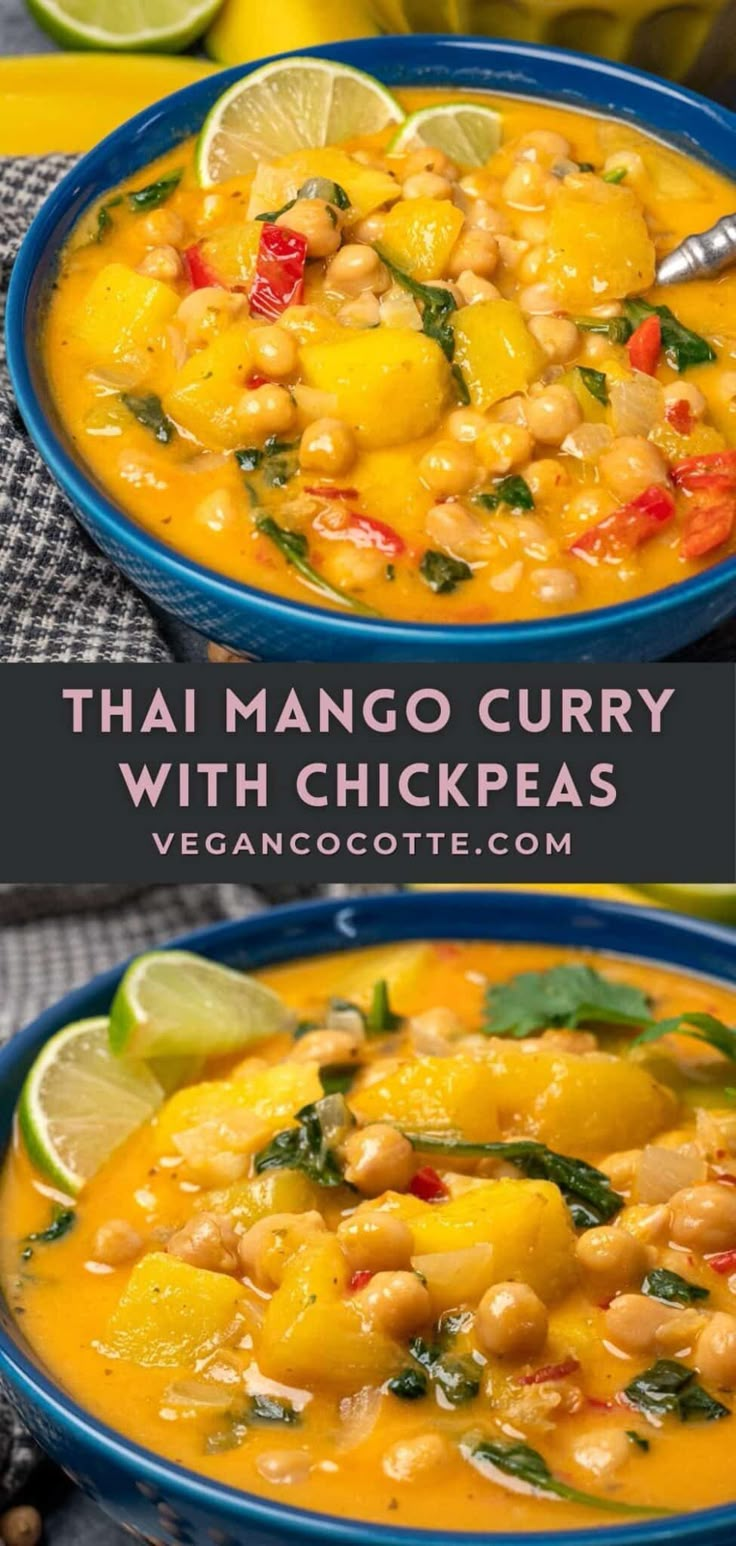 thai mango curry with chickpeas in a blue bowl and lime wedges on the side