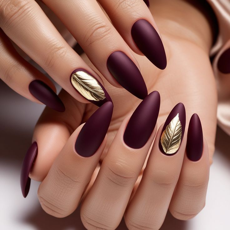 Wine And Gold Nails Designs, Maroon And Tan Nails, Hindu Nails, Matte Burgundy Nails With Gold, Purple Nails With Gold Foil, Matte Autumn Nails, Burgundy Gold Nails, Eggplant Nails, Burgundy Nails With Gold