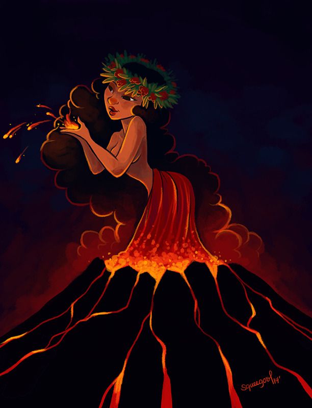 a woman in a red dress standing on top of a volcano