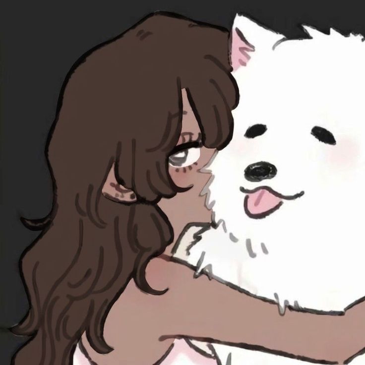 a drawing of a woman hugging a white dog with her tongue out and eyes closed