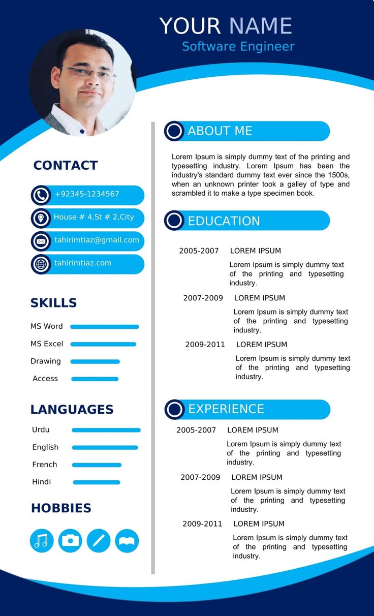 a blue and white resume template with an image on the front, side and back