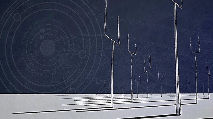 an abstract painting with lines and shapes in the foreground, against a dark blue background