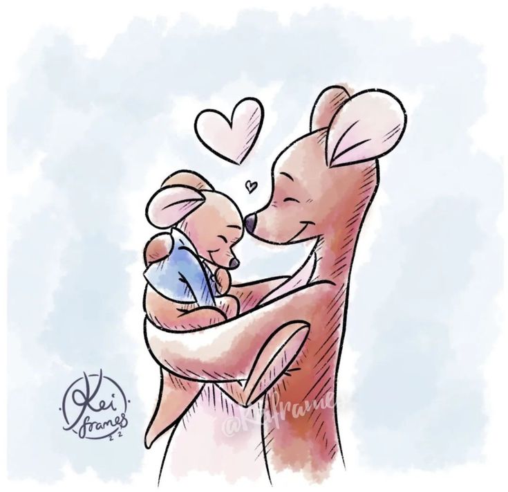 a drawing of a bear hugging a baby in his arms with hearts flying above him