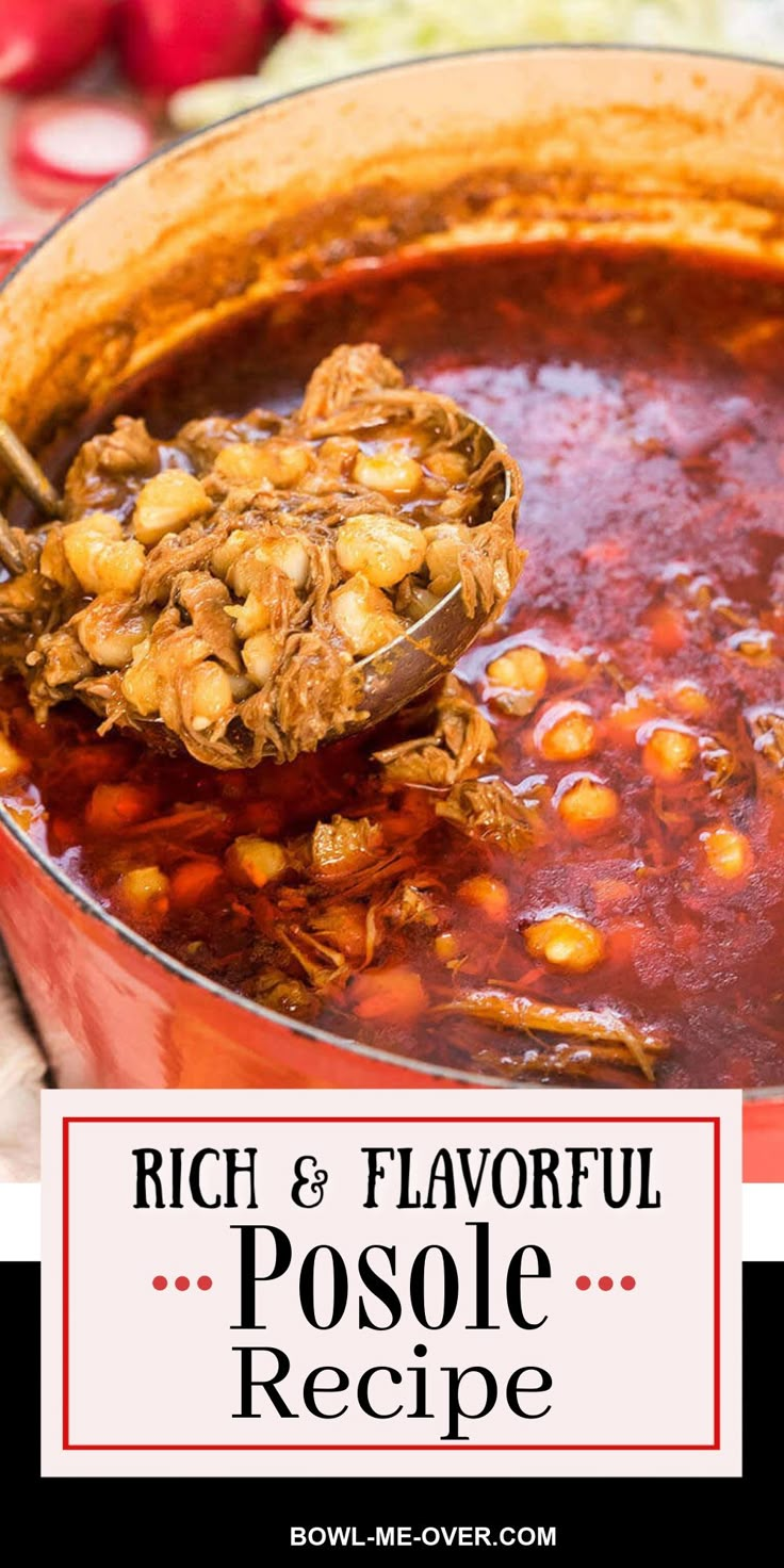 A pot of soup with a rich red chili stew with beans and shredded meat. With Pinterest overlay. Red Chili Stew, Easy Posole Recipe, New Mexico Posole Recipe, Authentic Pozole, Pozole Recipe Pork, Easy Pozole Recipe, Pasole Recipe, Chili Stew, Posole Recipe