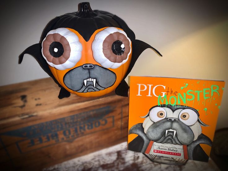 The orgional Pig Monster Book Character Pumpkin-1st one on Pintrest! Oct. 2021 Pig The Pug Storybook Pumpkin, Pig The Monster Pumpkin, Smart Cookie Pumpkin Character, Pig The Pug Pumpkin Character, Book Based Pumpkin Decorating, Pug Pumpkin Painting, Pig The Pug Pumpkin, Pumpkin Storybook Characters, Pumpkin Characters From Books