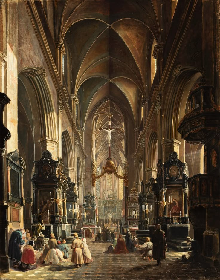 an old painting of people in a church