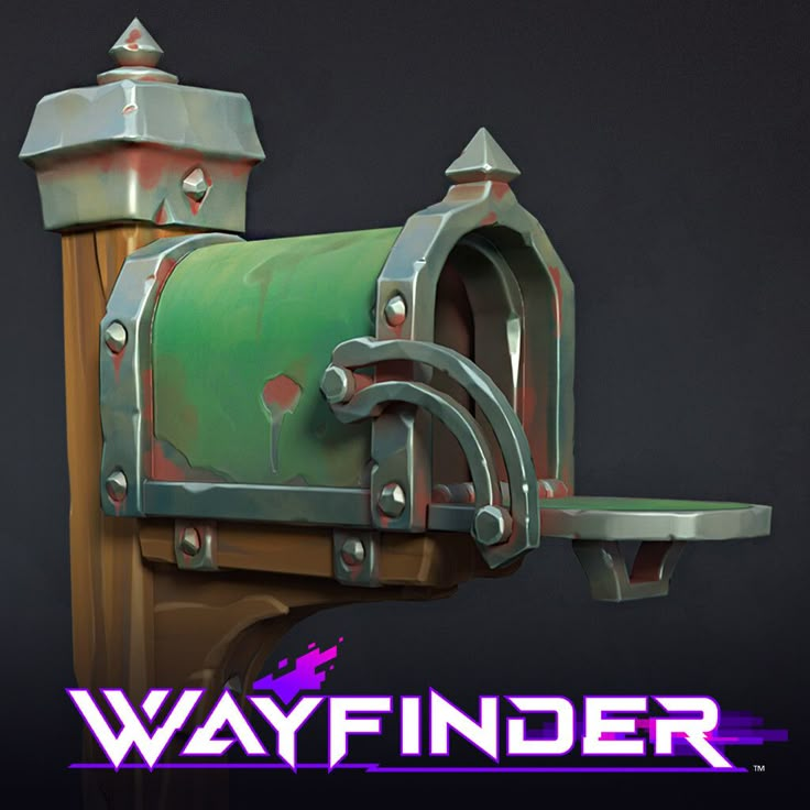 a green mailbox sitting on top of a wooden post next to a purple and black background