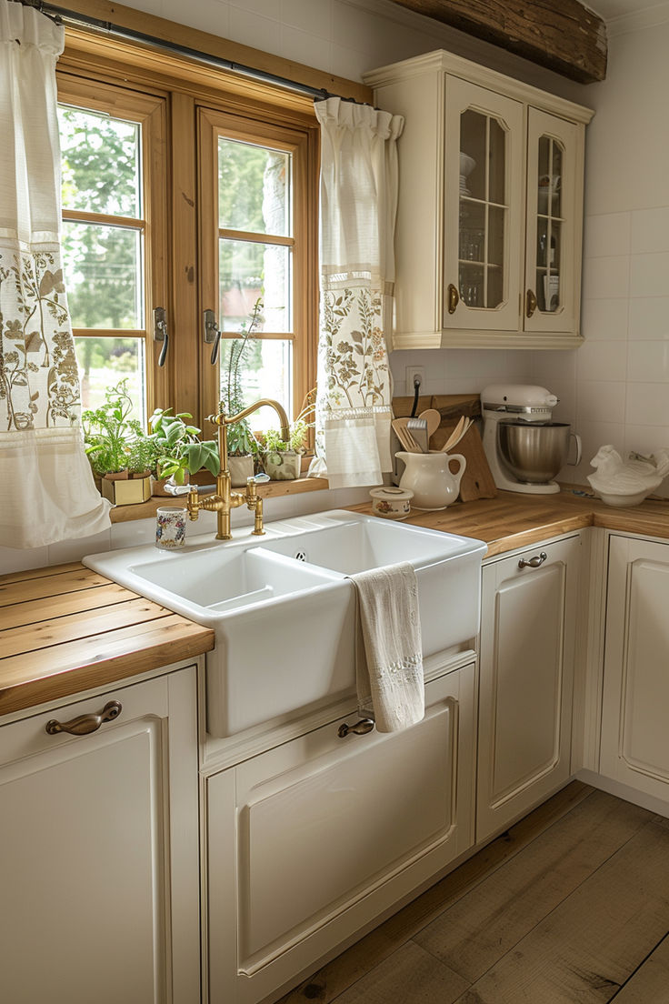 kitchen decor, kitchen design, kitchen ideas,  cottagecore kitchen Countryside Kitchen Aesthetic, Sunny Kitchen Natural Light, Tiny Cottage Interior Kitchen, Earthy House Interior, Cottage Vintage Decor, Small Farmhouse Interior Ideas, Quaint Farmhouse Interior, Cottagecore Kitchen Cabinets, Cottage Inspired Homes