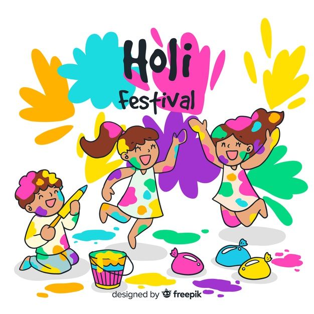 three children playing with colorful paint and the words holi festival written above them on a white background