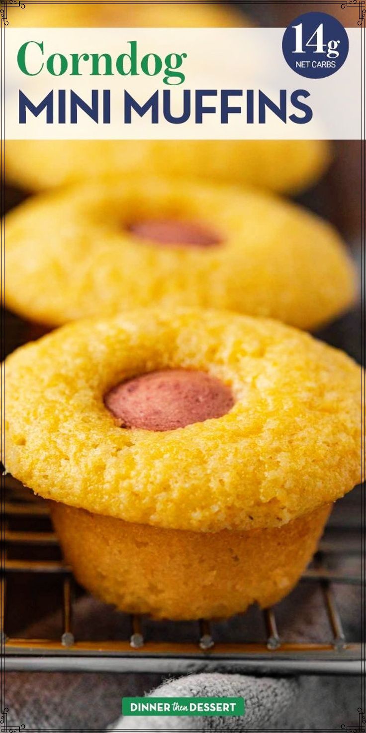 corn dog mini muffins are cooling on a rack with the title corn dog mini muffins