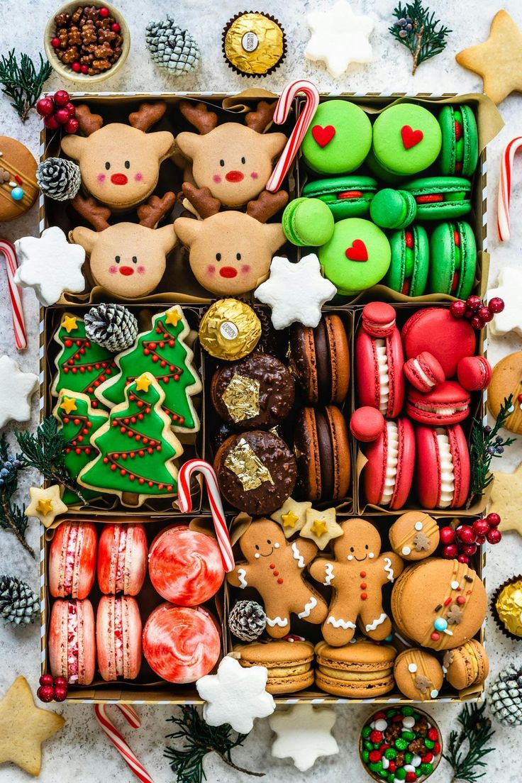 a box filled with lots of different types of cookies and pastries on top of snow covered ground