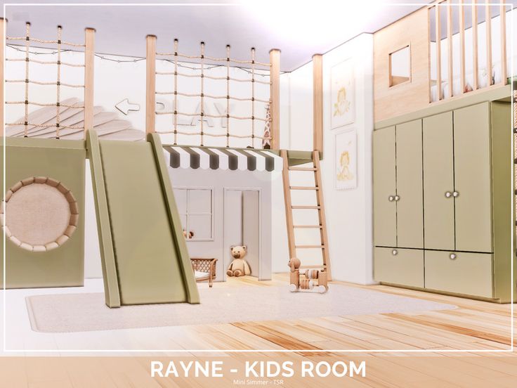 a kid's room with bunk beds and ladders