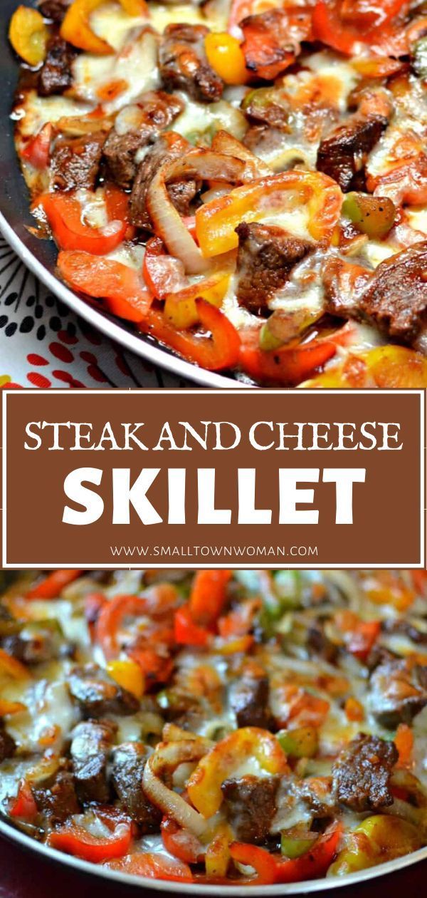 steak and cheese skillet in a pan with the title overlay reading steak and cheese skillet