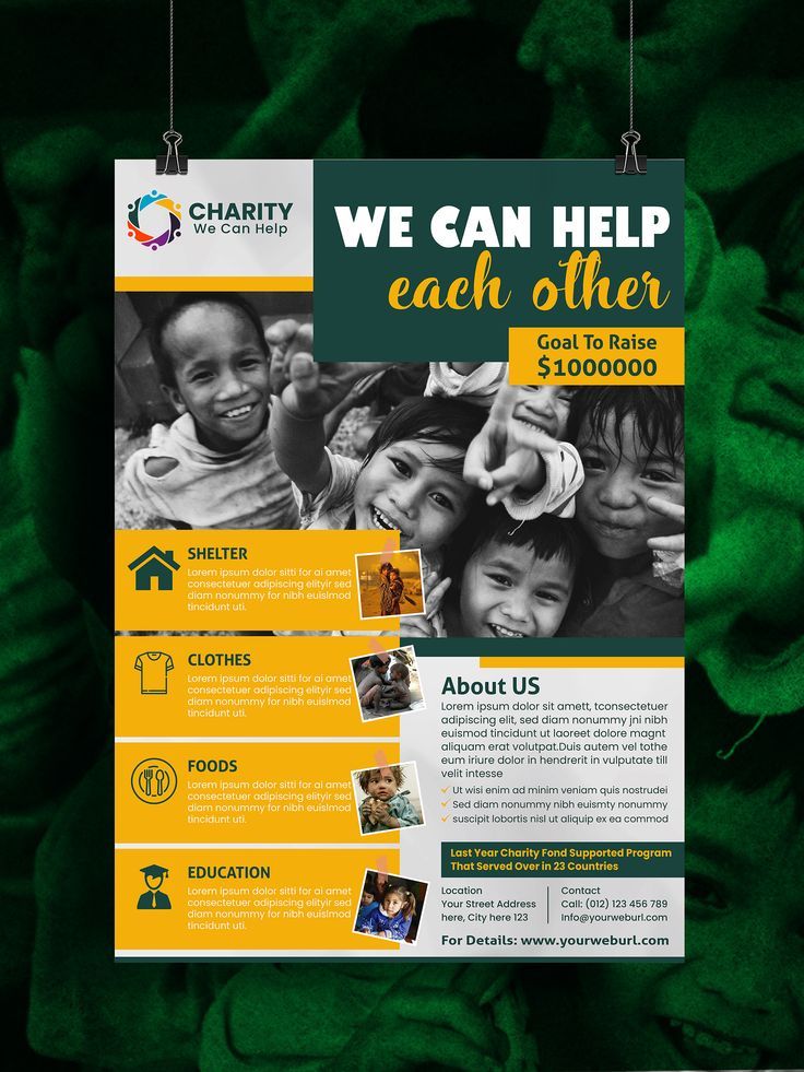 a green and yellow flyer for charity with images of children hanging from the side of it