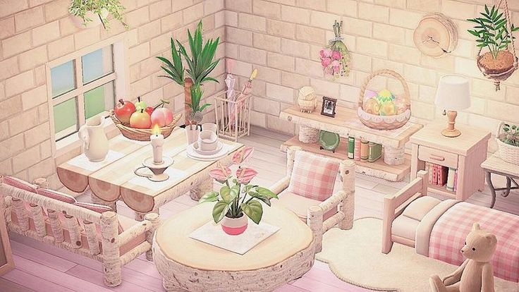 a living room filled with furniture next to a brick wall covered in potted plants