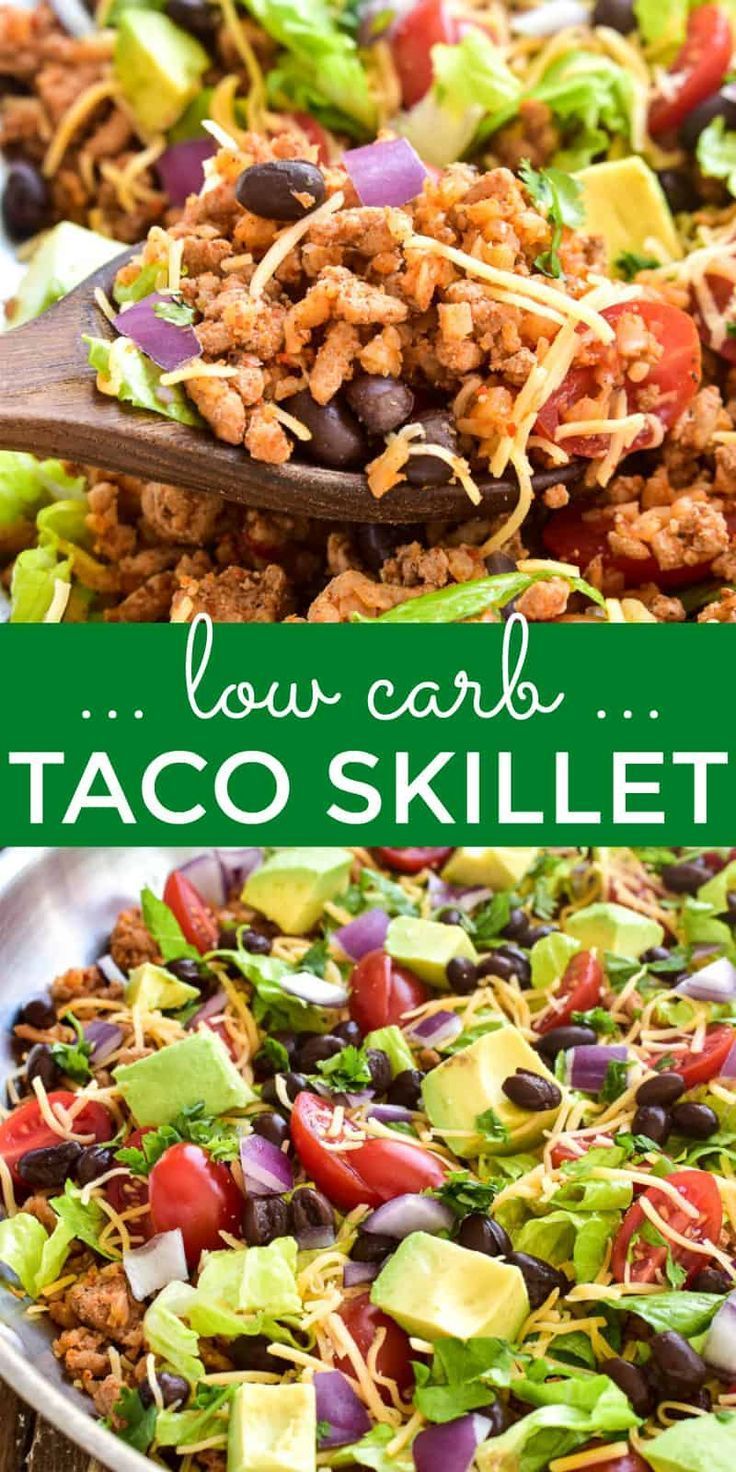 the taco skillet is loaded with meat, lettuce, tomatoes, black beans and avocado