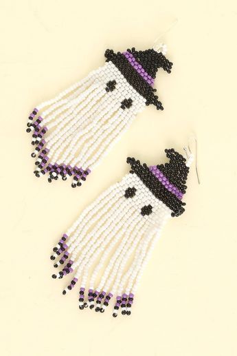 two white and purple beaded ghost earrings with black accents on each earring, one wearing a witch's hat