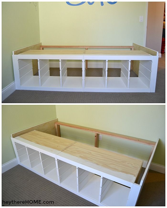 there are two pictures of a bench made out of plywood planks and some shelves